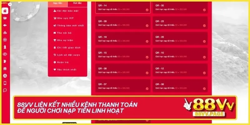 88VV liên kết nhiều kênh thanh toán để người chơi nạp tiền linh hoạt